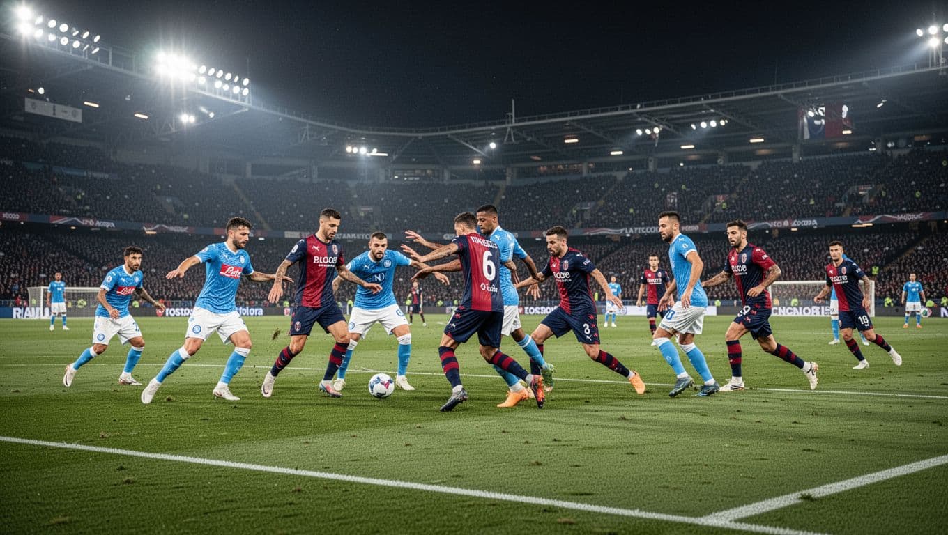 Napoli players in blue jerseys high-press Bologna defenders in red-blue jerseys from sideline in evening stadium.