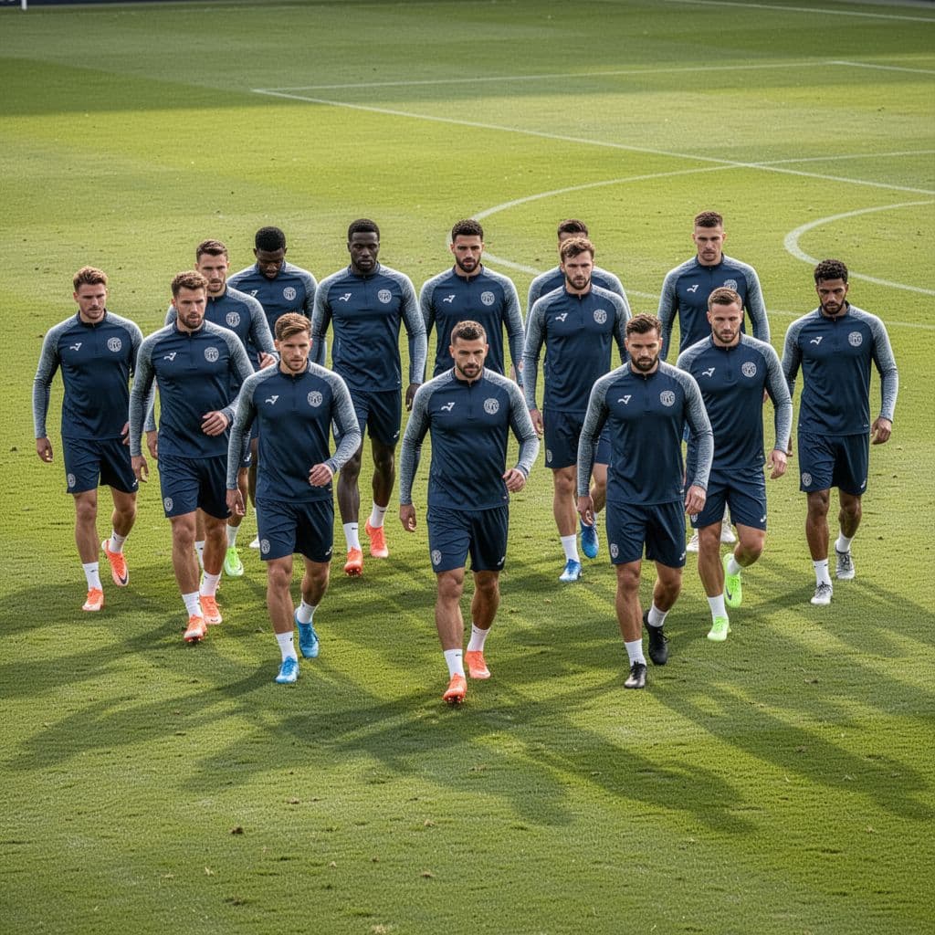 Eleven football players execute a coordinated drill formation on a professional grass pitch under bright daylight.