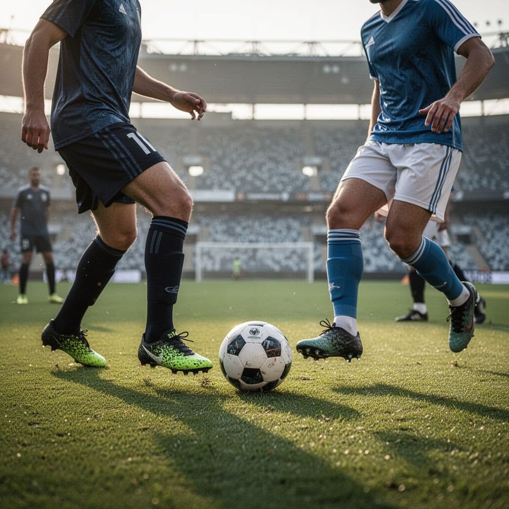 Two professional soccer players from opposing national teams practice tactical maneuvers on a lush grass field. Close-up angles highlight their athletic footwear and the ball during the bright morning sun session.