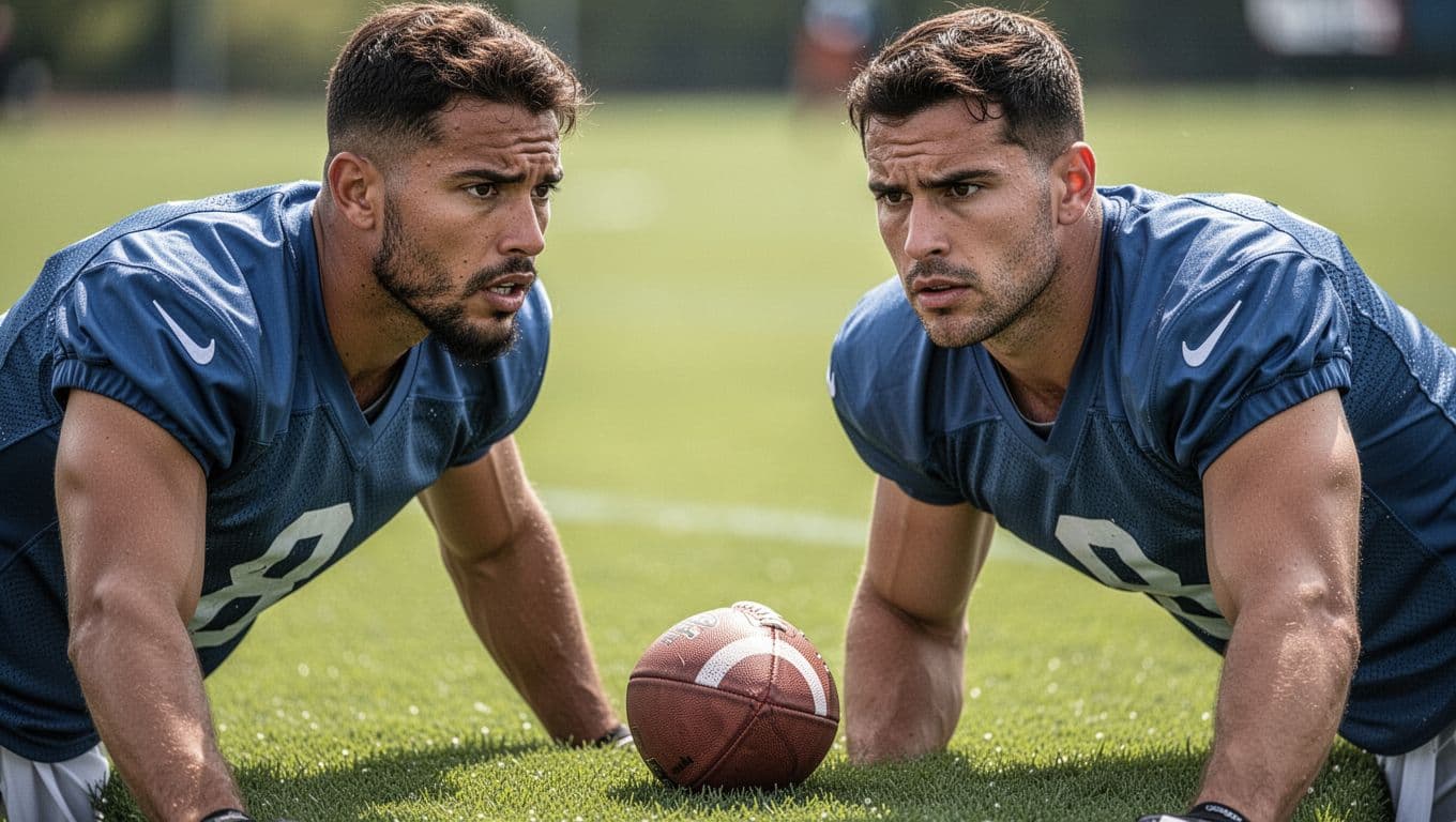 Two focused professional football players practice on a green field under bright daylight.