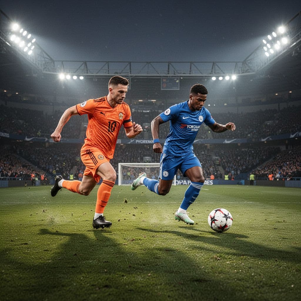 A Dutch player in a bright orange kit challenges a Japanese athlete in a blue uniform for ball possession. They compete intensely on a lush green grass pitch inside a stadium.
