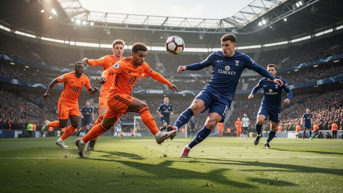 Players in vibrant orange and blue jerseys compete for ball possession on a sprawling grass pitch inside a stadium. Translucent geometric tactical overlays map out team movement patterns across the field.