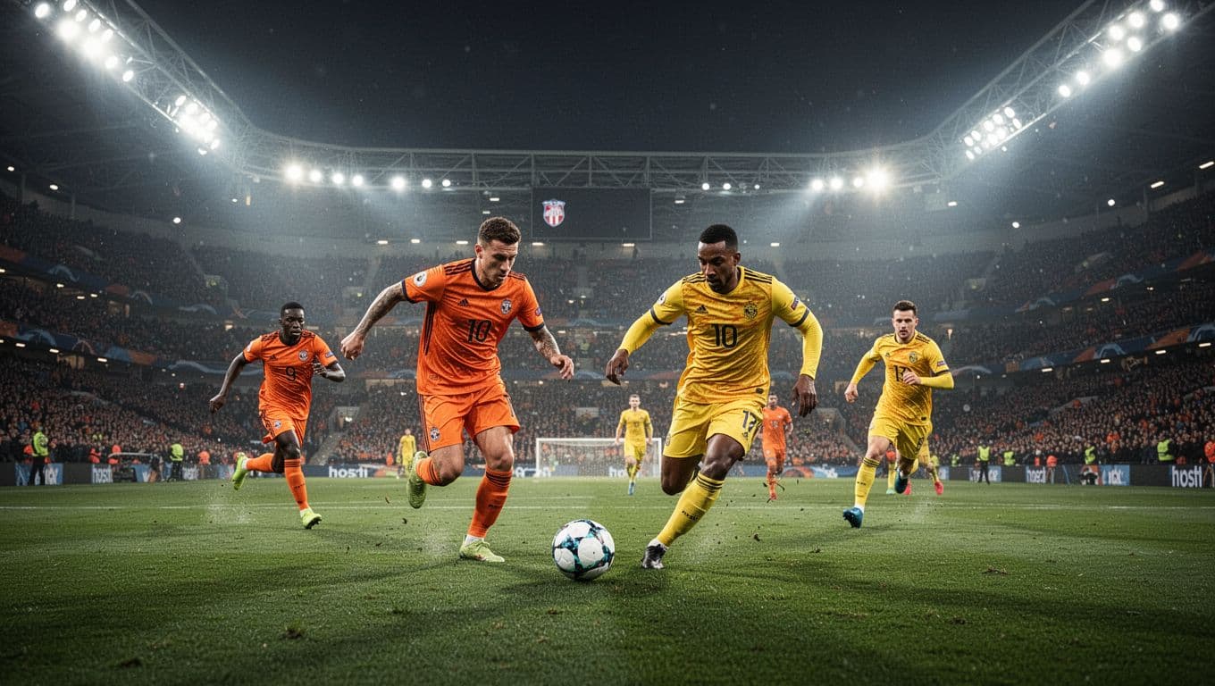 Players in vibrant orange and yellow kits contest ball possession on a sprawling professional stadium pitch. Intense overhead floodlights illuminate the grass while casting dramatic shadows across the competitive playing field.