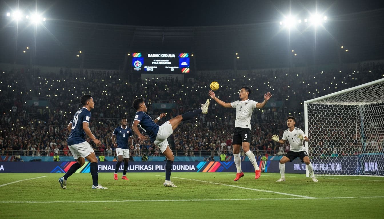 In a crowded Oceania stadium lit by night lights, New Caledonia players in blue jerseys dynamically attack New Zealand's goal with the ball in mid-air during the tense second half of the World Cup qualification final.