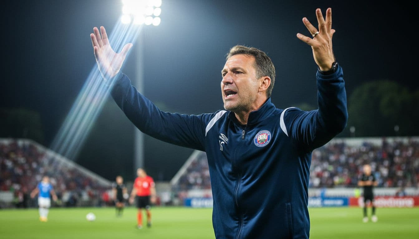 New Caledonia national team coach Johann Sidaner gestures passionately with arms raised on the football sideline, instructing players during an intense night match under stadium lights, showcasing a realistic and disciplined approach.