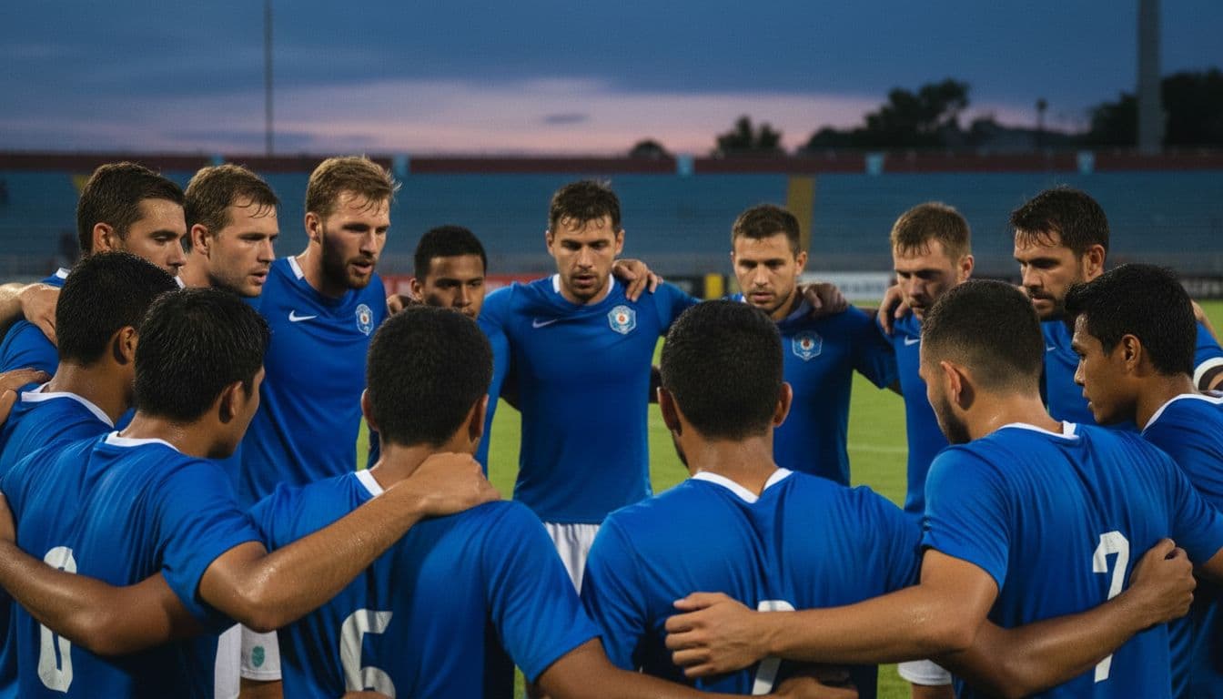 New Caledonia football team of exactly 11 players in blue jerseys huddles in unity and determination on a green field under stadium lights at dusk, close-up on sweaty resolved faces after a tough match loss.