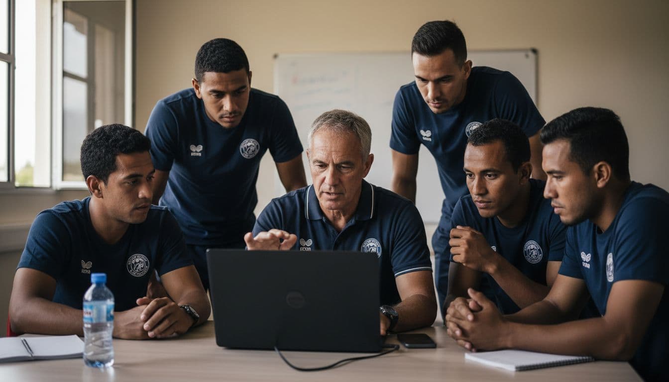 New Caledonia football coach and exactly five players review match footage on a laptop in a simple meeting room after the game, engaged in focused discussion with natural indoor lighting.