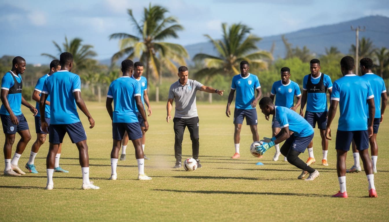 New Caledonia national football team players in blue jerseys practice team drills on a sunny training field in Noumea with coach instructing, exactly 11 players visible in dynamic photorealistic action.