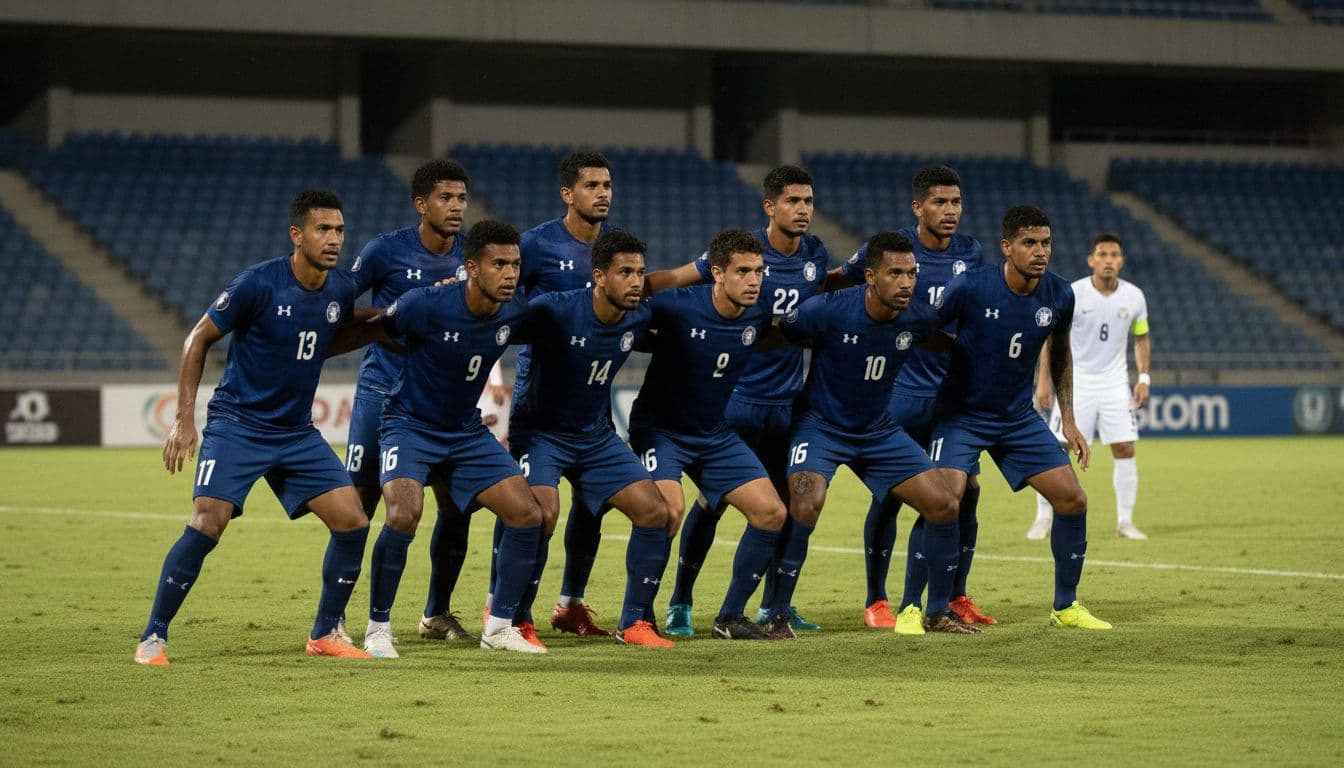 New Caledonia national football team in blue jerseys forms a compact defensive block with tight lines between lines, intense pressing in a photorealistic night stadium match.