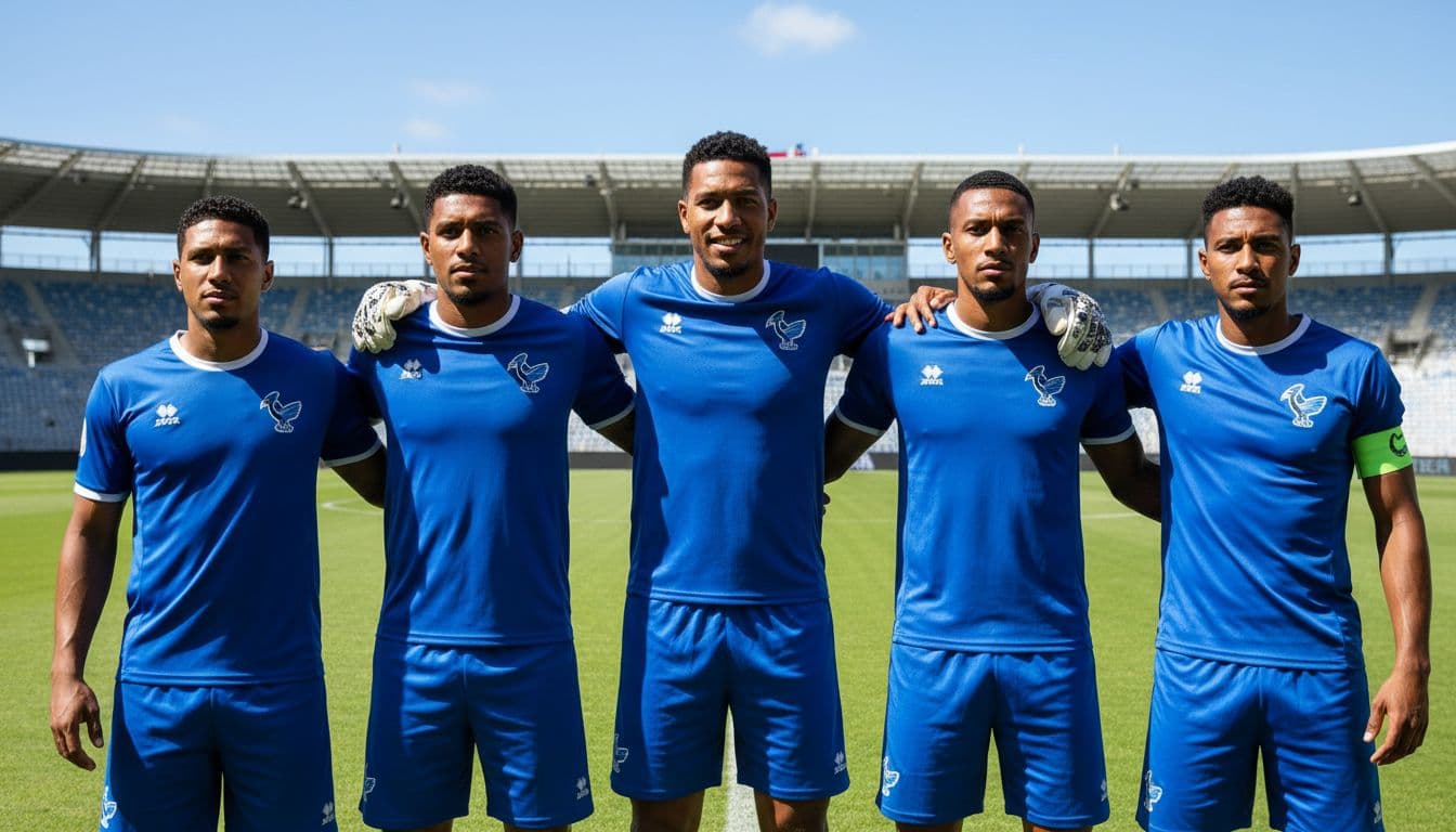 Five prominent New Caledonia national football team players, including goalkeeper Rocky Nyikeine and forward Georges Gope-Fenepej, stand confidently together in blue jerseys on a sunny green field, embodying team unity.