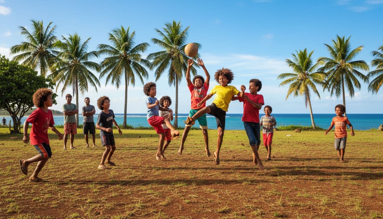 Group of eight young New Caledonian children aged 10-14 play football energetically on a sunny village field with palm trees and ocean in the background, dynamic action with ball in air, two adults watching.