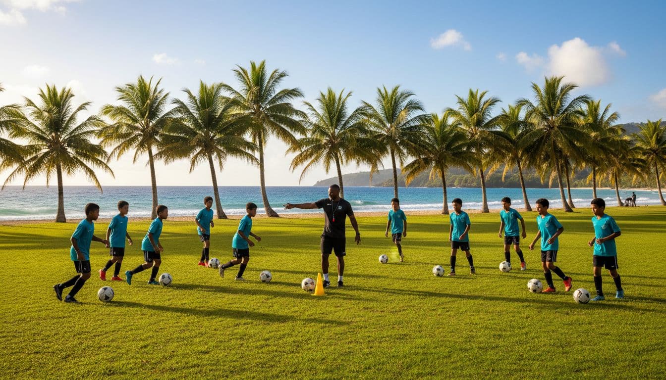 Group of 12 young New Caledonian boys aged 12-16 in training kits play football on a grassy field near the ocean with palm trees, guided by one coach in a sunny Pacific island afternoon.