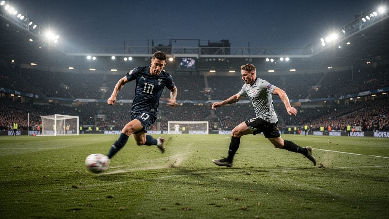 Nico Williams dribbles past defender toward goal on San Mames pitch under evening floodlights.