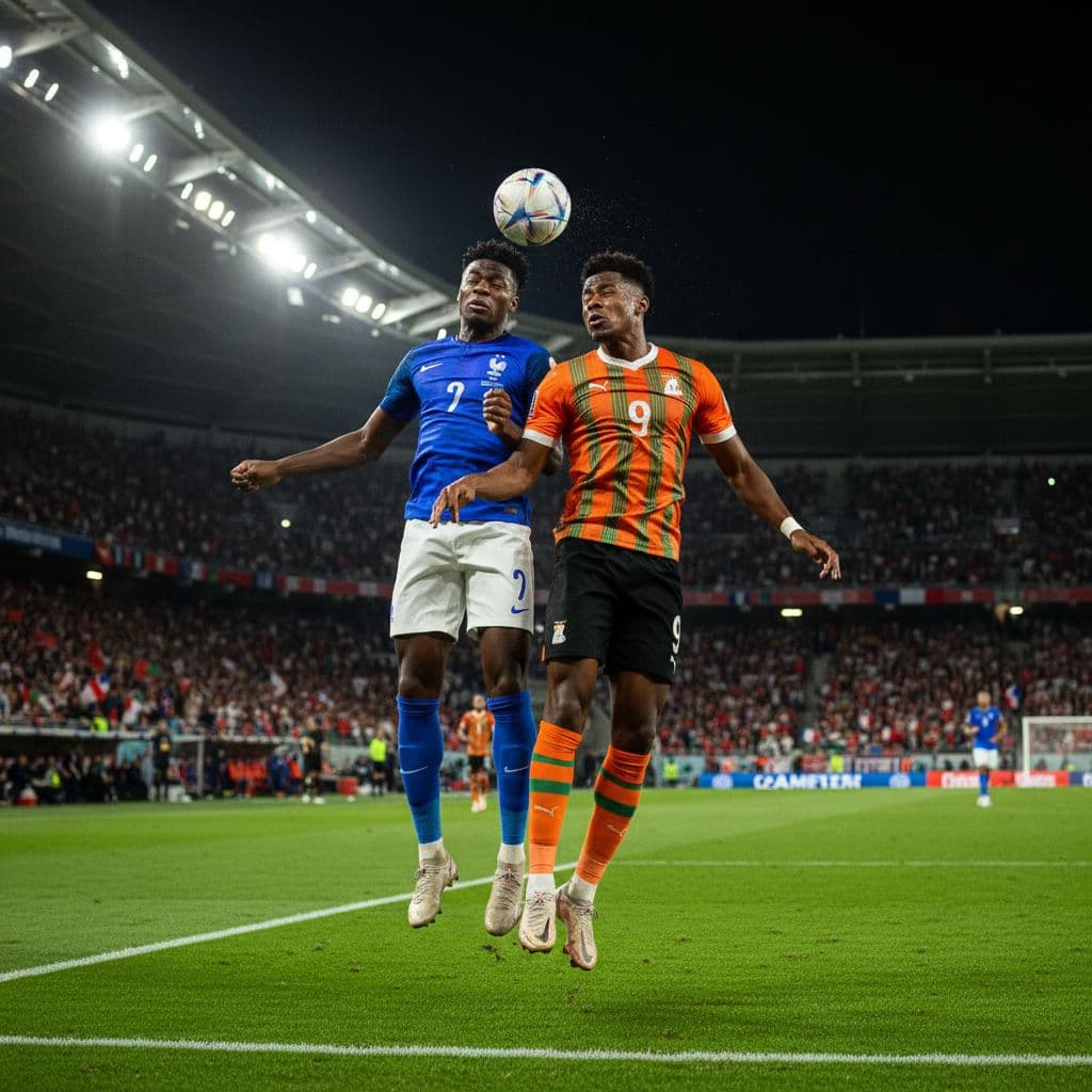 Two athletes in contrasting jerseys scramble for ball possession on a grass pitch. Brilliant overhead stadium lights illuminate the scene while rows of empty stands fade into the dark background.