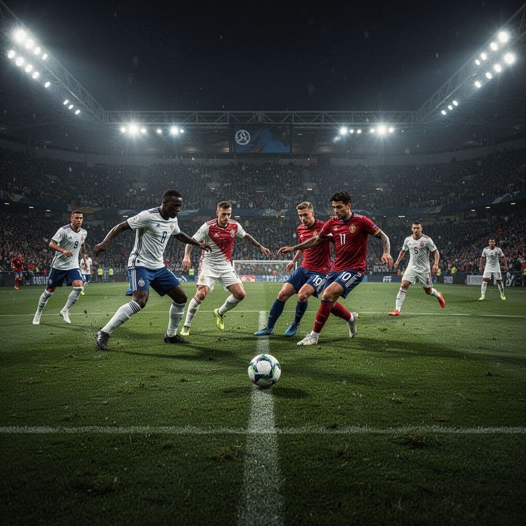 Bright floodlights illuminate a lush green pitch during a high-stakes international soccer game. A solitary white ball sits centrally on the perfectly manicured grass under the glowing stadium canopy at night.