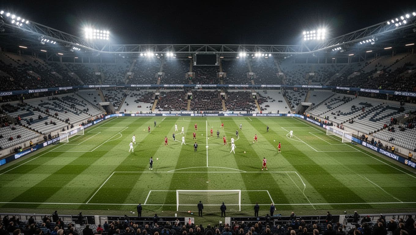 Bright floodlights illuminate a pristine green soccer pitch where two professional teams compete during an intense evening match. The empty stadium creates a focused atmosphere centered entirely on the field gameplay.