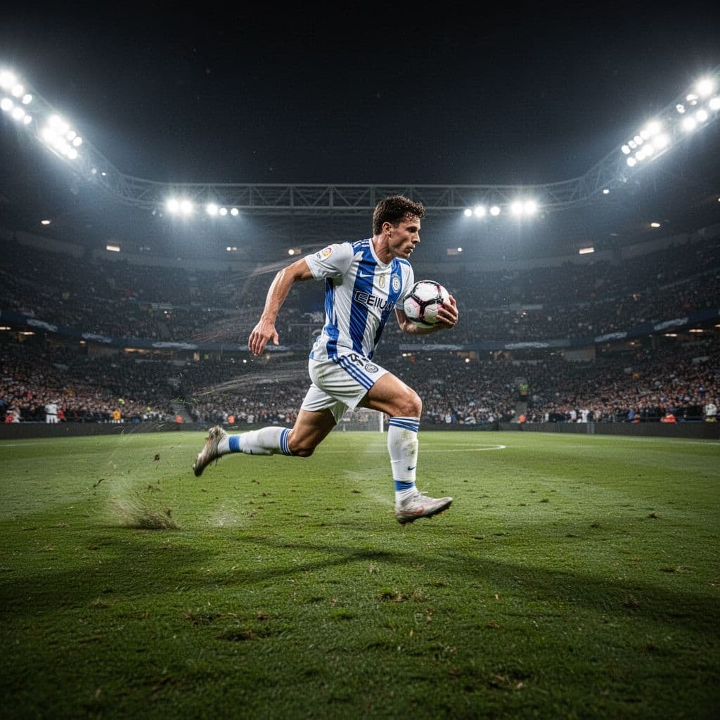 Single player strides with ball on brightly lit football field at night, motion blur on legs.