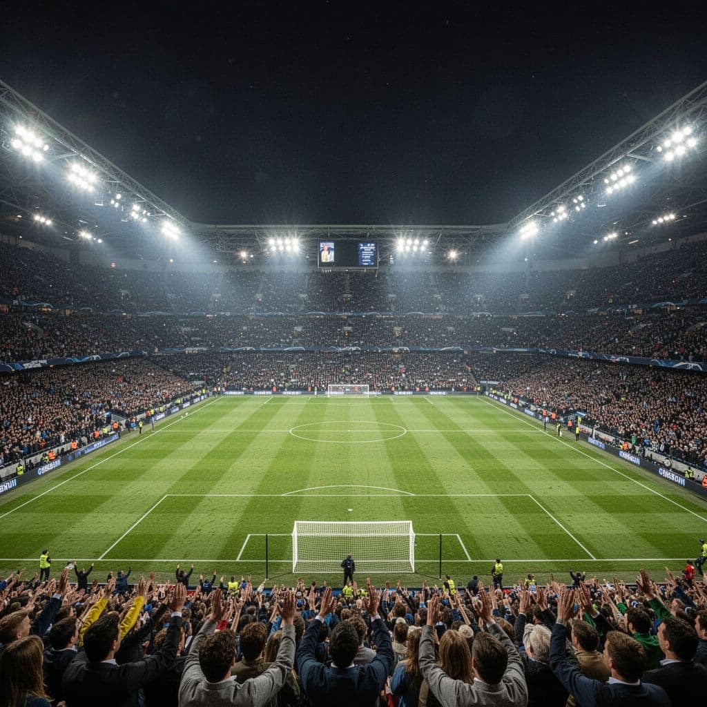 Massive stadium filled with cheering fans under night lights, bright manicured pitch.