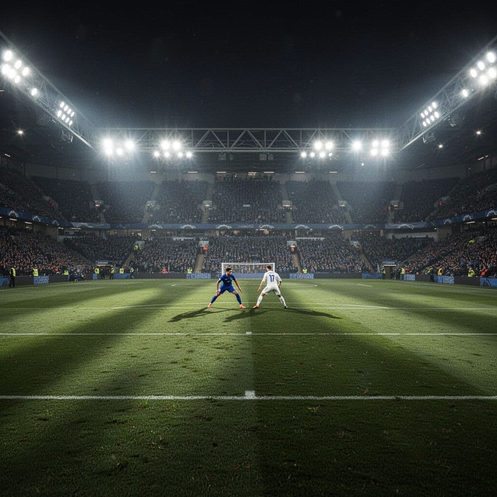 Wide-angle view of football stadium at night under bright floodlights, green pitch with two distant players and dramatic shadows.