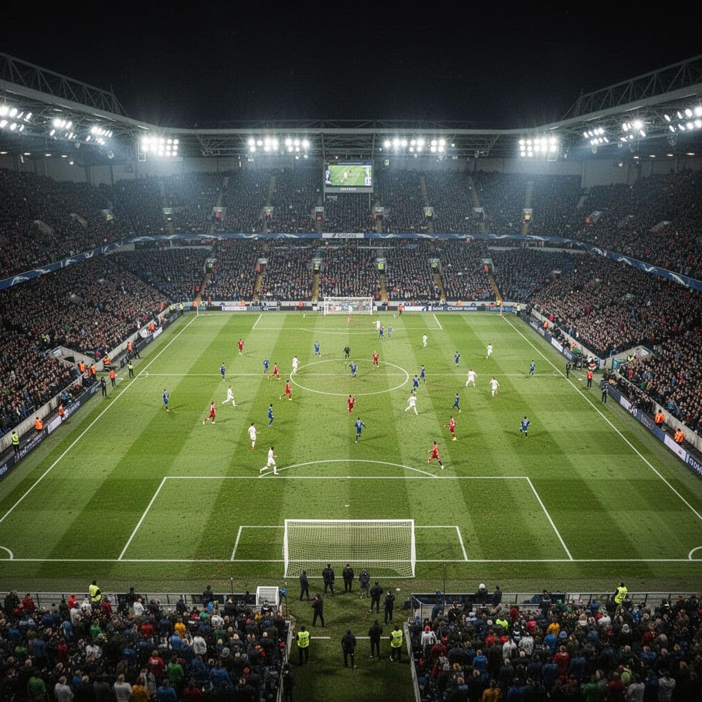 High-angle view of brightly lit grass pitch during night match, blurred crowded stands.