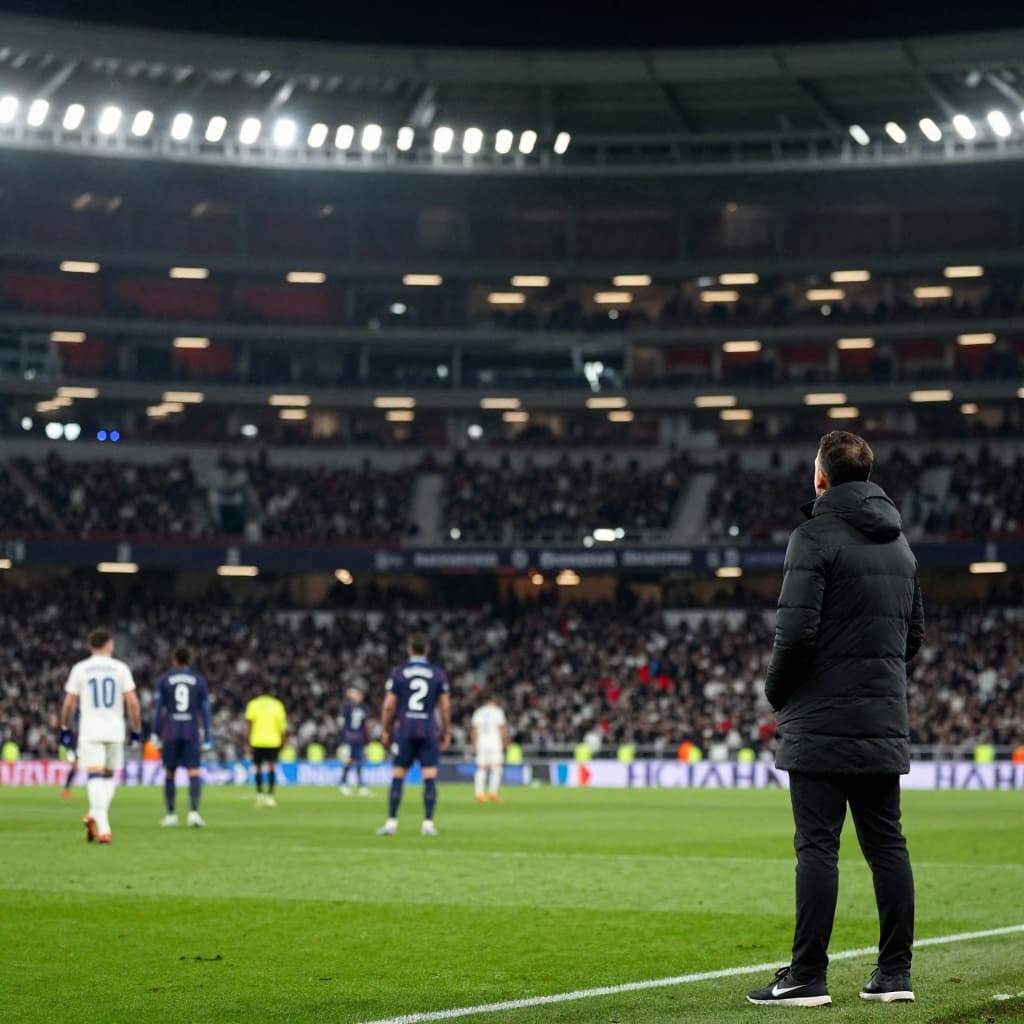 Nighttime football pitch during match with distant players, one person in coat on sideline, and blurred stadium lights.