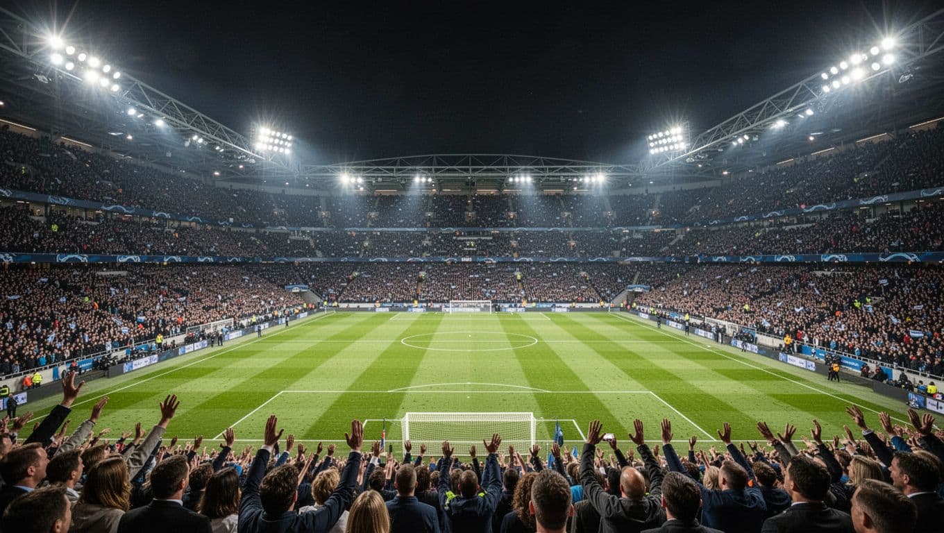 Football stadium at night full of spectators with lights illuminating the green pitch.