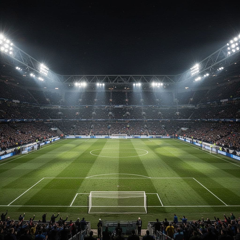 Wide shot of empty football pitch with green grass in stadium under night floodlights.