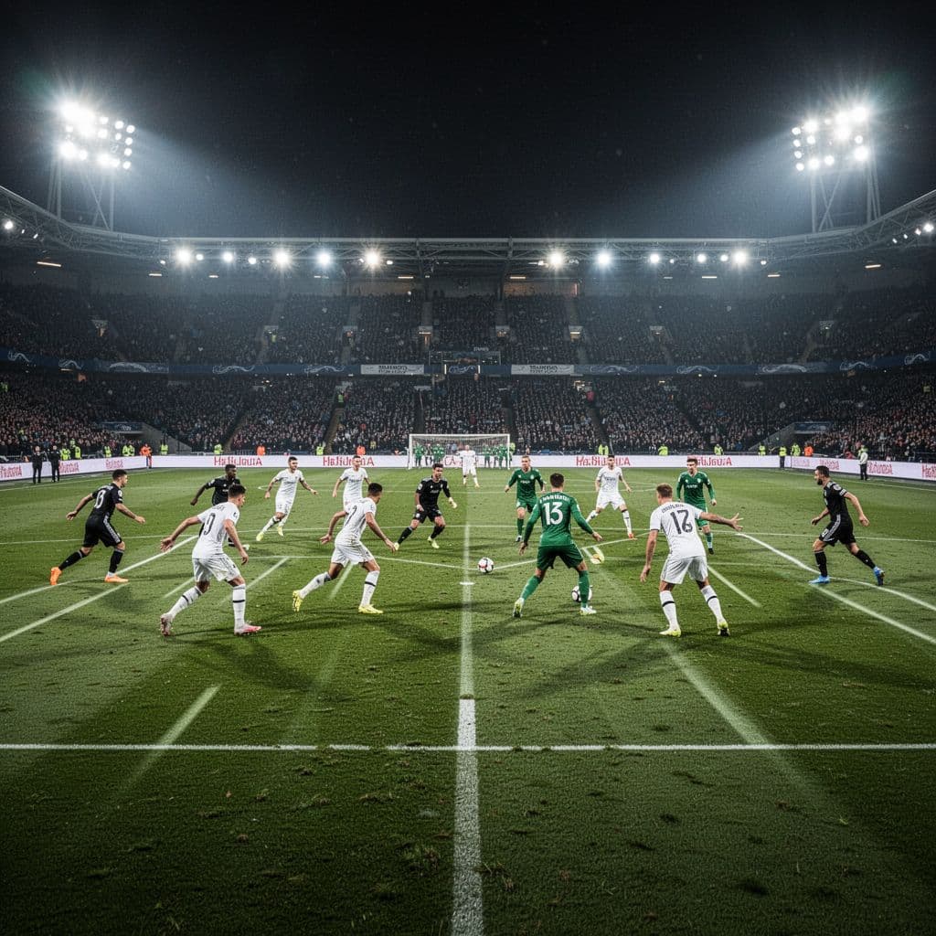 Two teams compete on green pitch under stadium lights at night, showing defensive positioning and player movement.