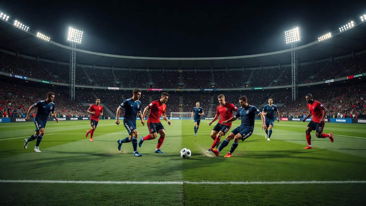 Two national teams compete on a lush green grass pitch under the intense glow of bright stadium floodlights. A single soccer ball rests near the center during a tense athletic play.