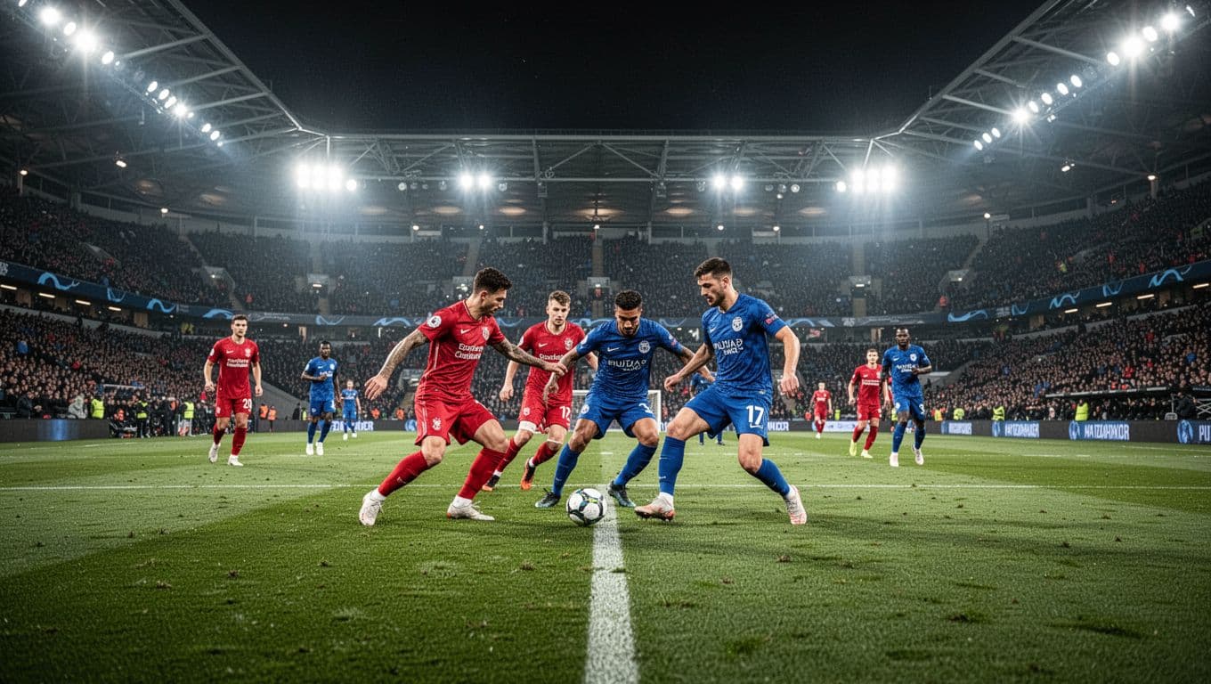 Players in vibrant red and blue kits battle for ball possession on a manicured green pitch. Massive floodlights illuminate the expansive stadium, while thousands of spectators watch from the glowing stands.