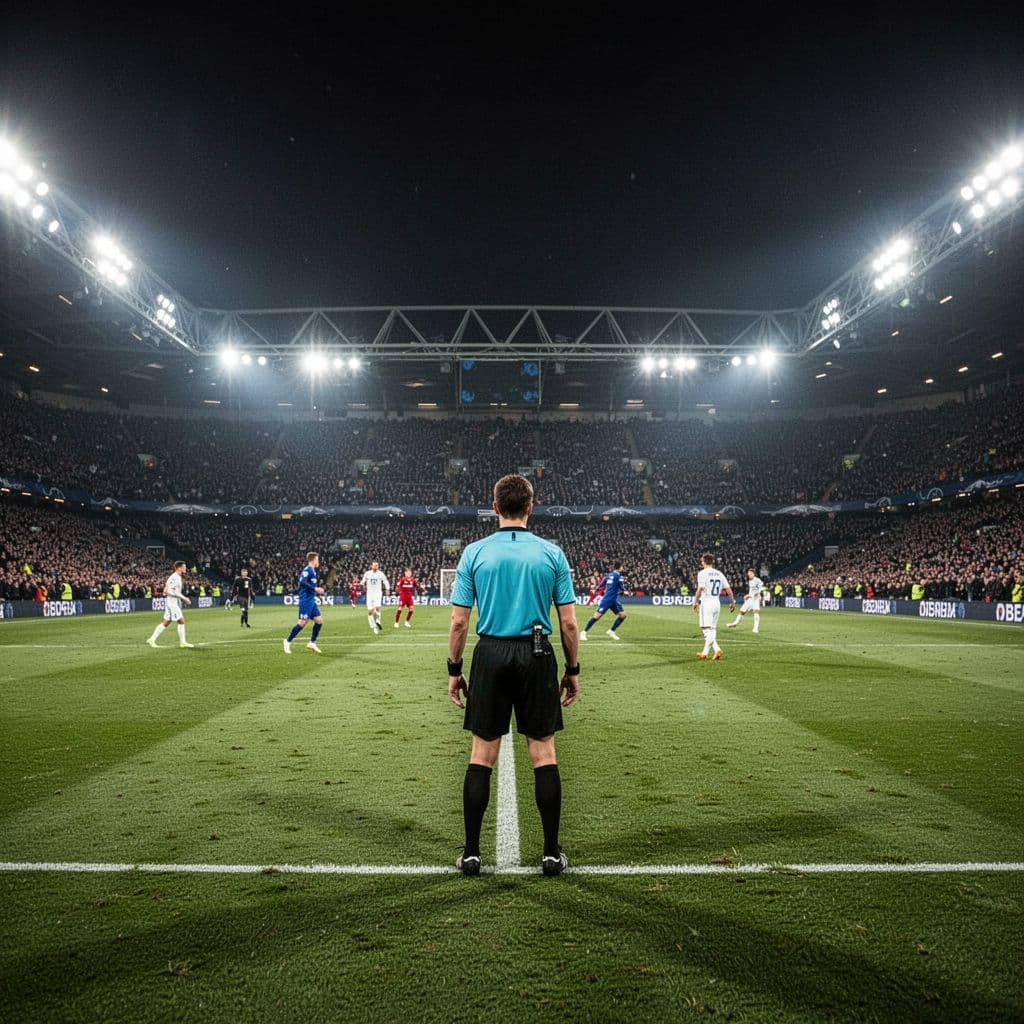 Brightly lit professional soccer stadium at night with packed stands, referee on field, and distant players.