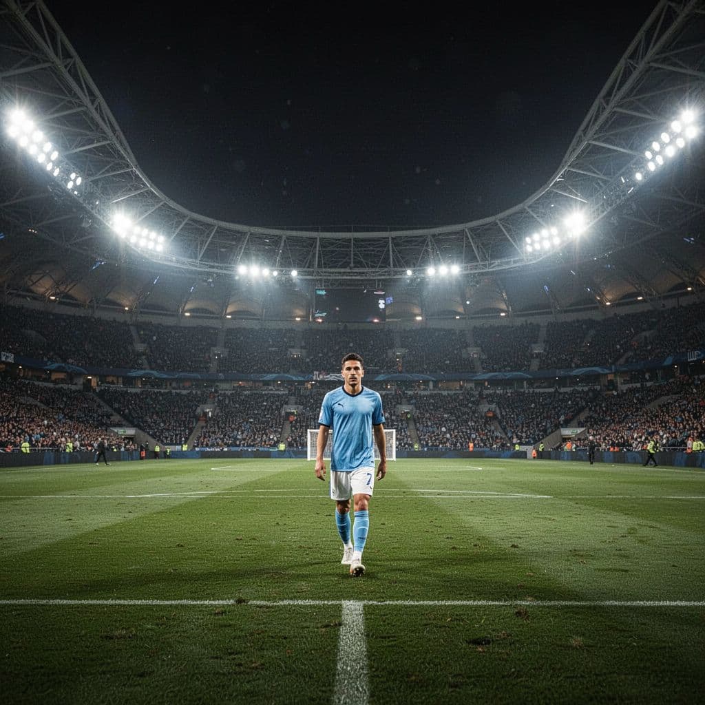 Wide-angle night view of brightly lit soccer pitch with players in motion, one in foreground.