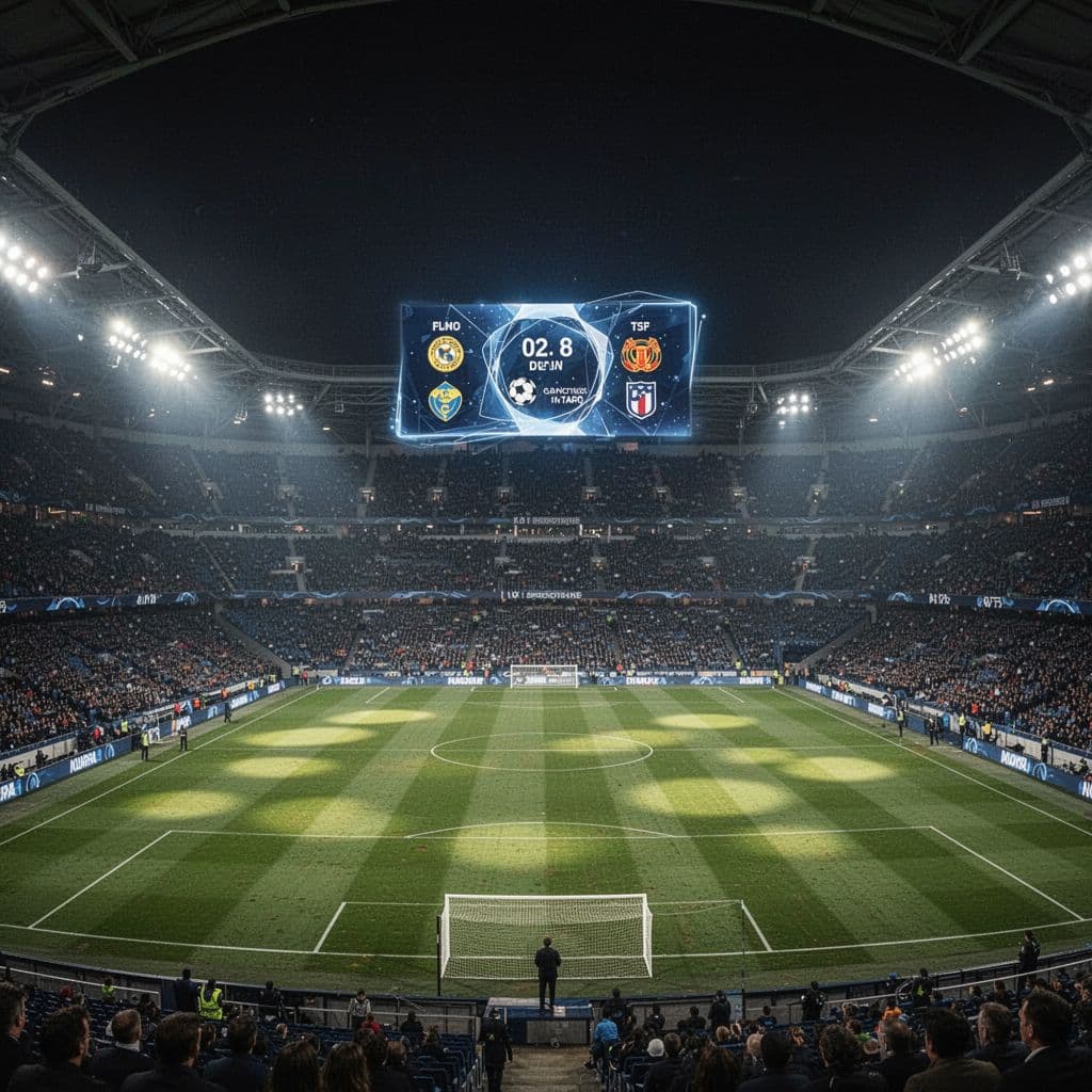 High-angle view of lit football stadium at night with digital scoreboard displaying Premier League team rankings and one distant person.