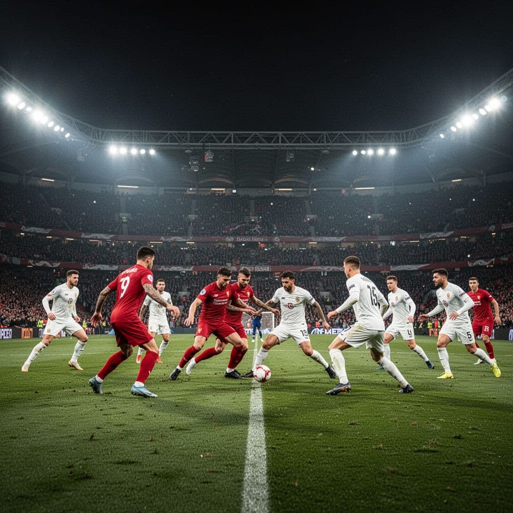 Two football teams wearing red and white jerseys compete on a vibrant green grass pitch during a night game. Bright stadium lights illuminate the crowded stands and intense field action below.