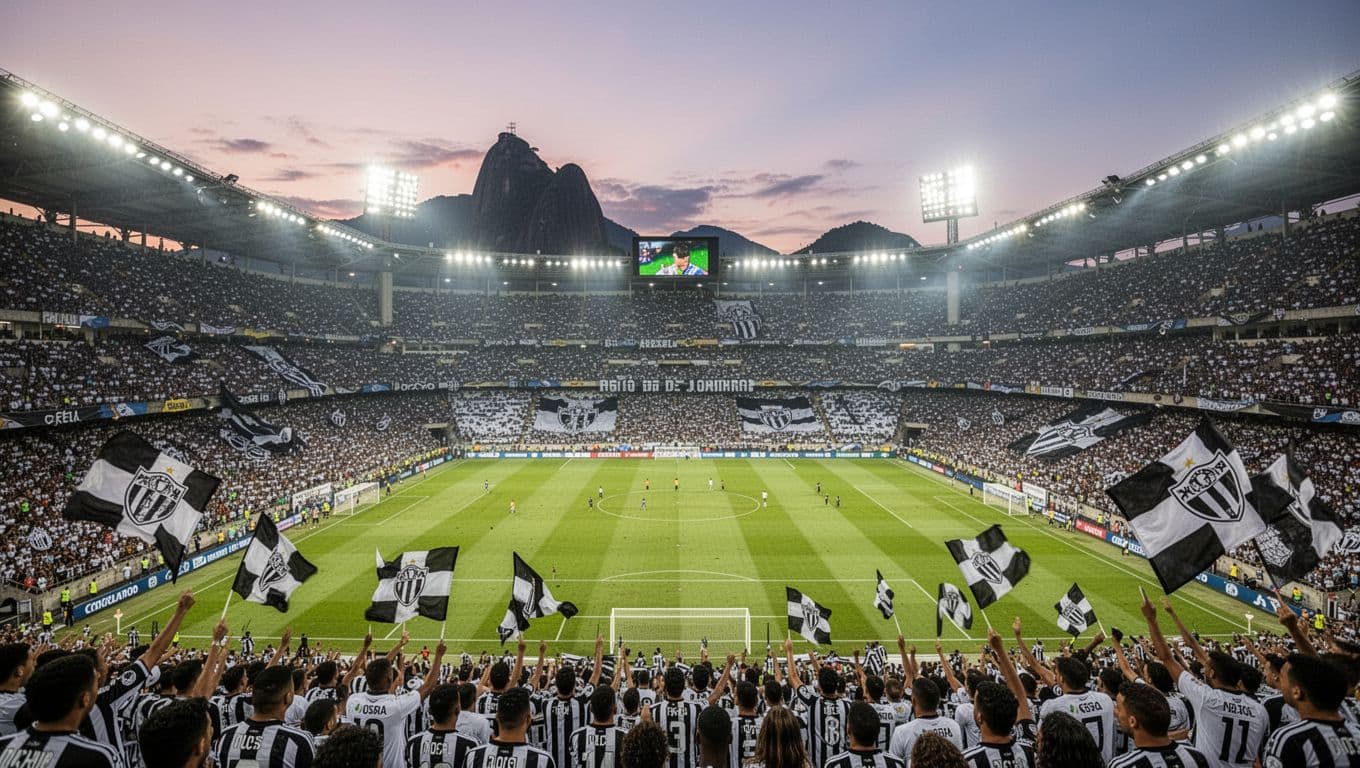 Estadio Olimpico Nilton Santos at dusk with packed stands of Botafogo fans in black-and-white jerseys waving flags, floodlights on, prepared pitch.