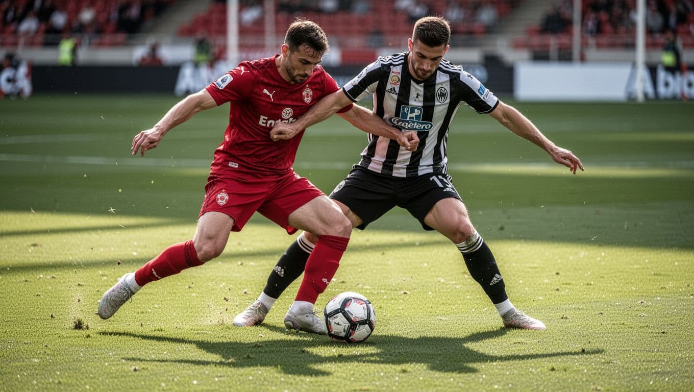 Two red-kitted Nottingham Forest players tackle black-and-white Newcastle player for ball on green pitch close-up.