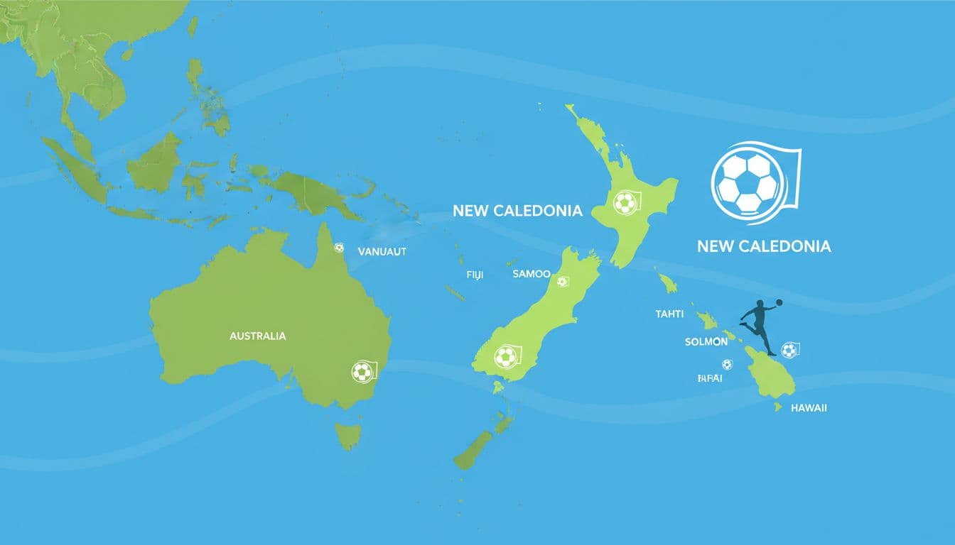 Clean vector map of the Oceania region highlighting New Caledonia, New Zealand, and Pacific island nations with football icons in blue and green tones.
