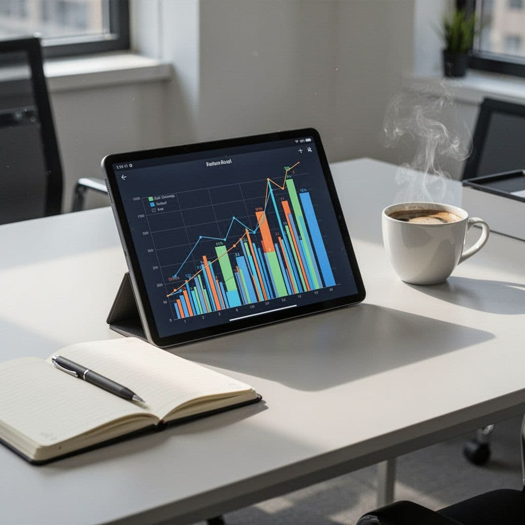 Modern office table with tablet showing abstract football bar charts, notebook, and coffee cup.