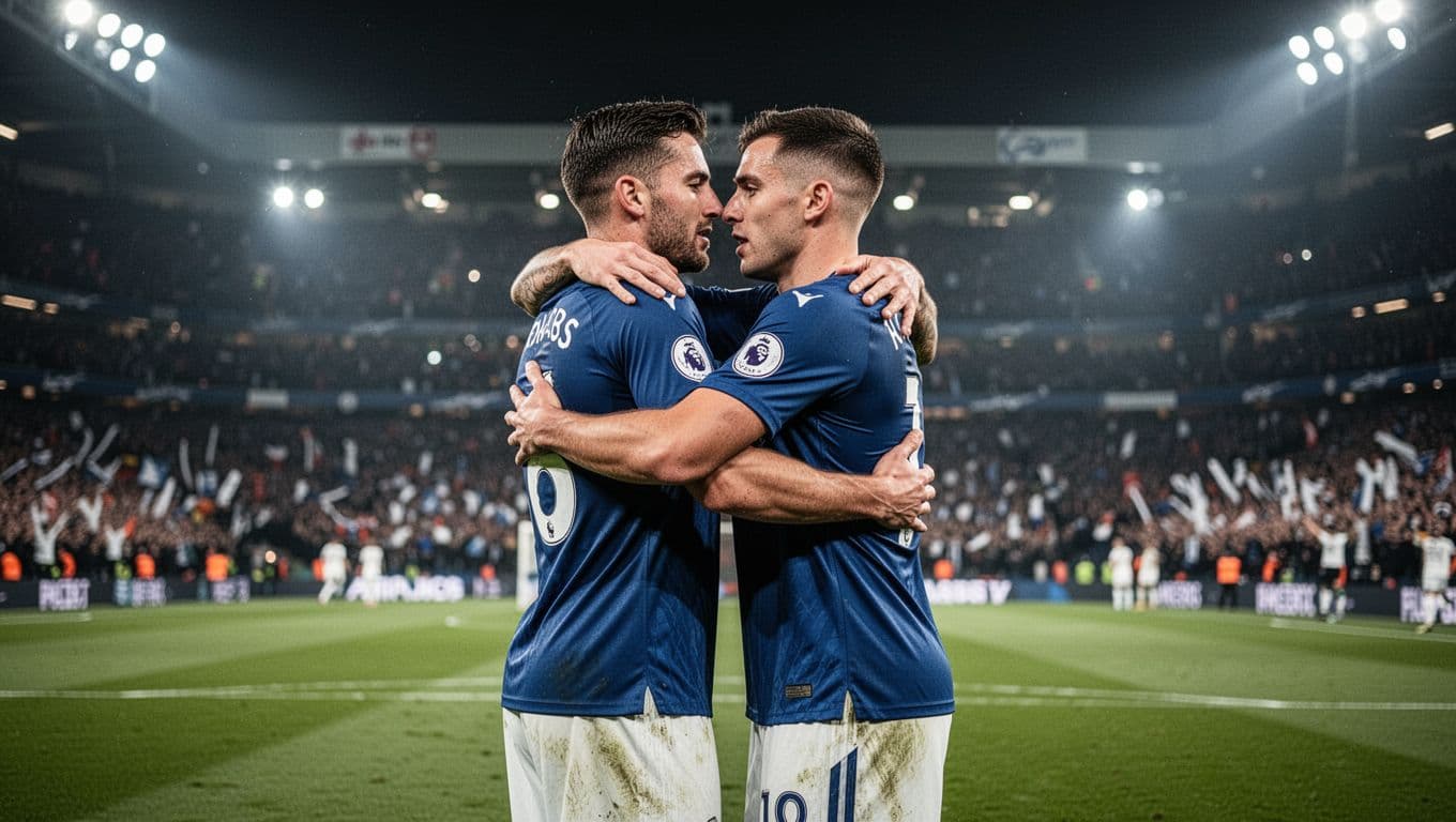Two players embrace on green pitch after equalizer goal, blurred fans cheering in background stands.
