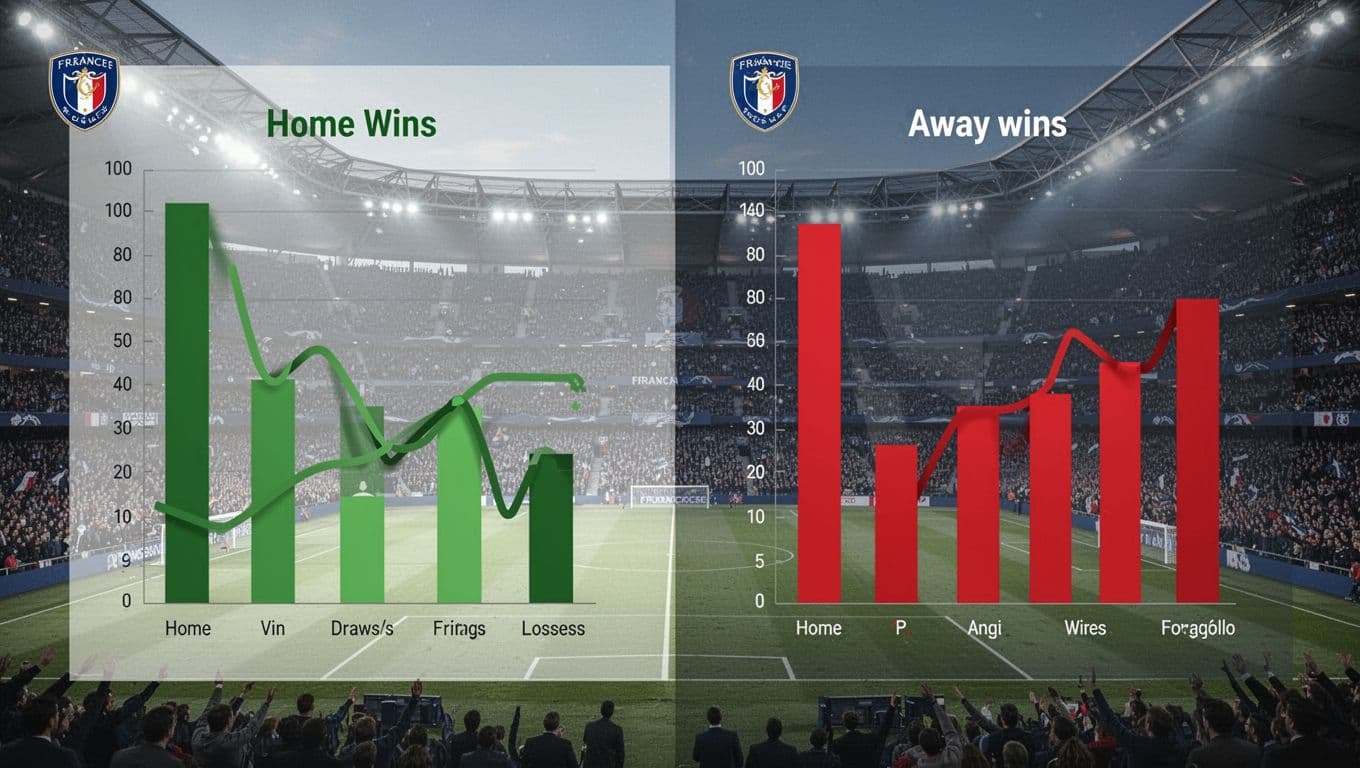 Split chart displays OGC Nice Ligue 1 home wins draws losses in green on left and away in red on right with stadium background.