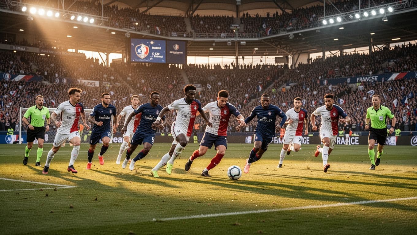OGC Nice players run with ball in Ligue 1 match at Allianz Riviera, crowd cheers in background.