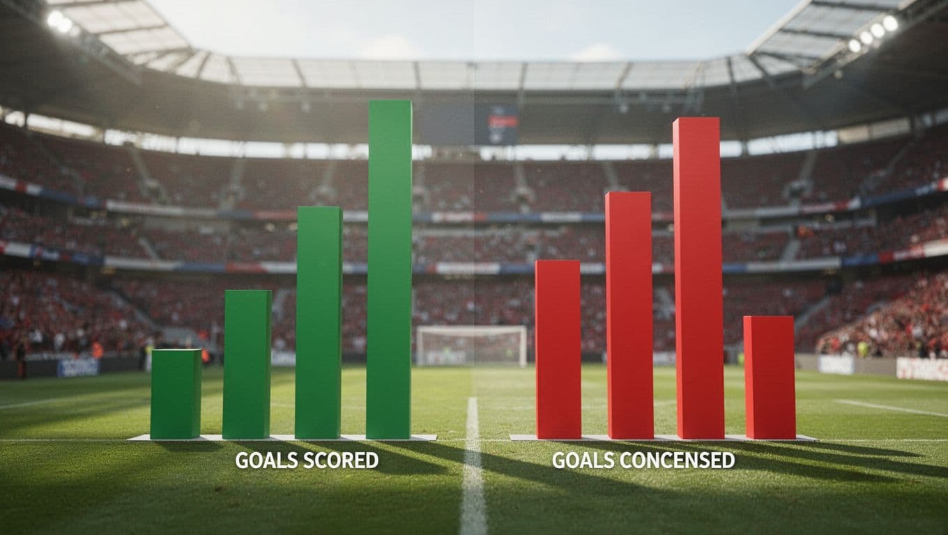 Bar chart with green bars for goals scored and red bars for goals conceded by OGC Nice, on stadium background.