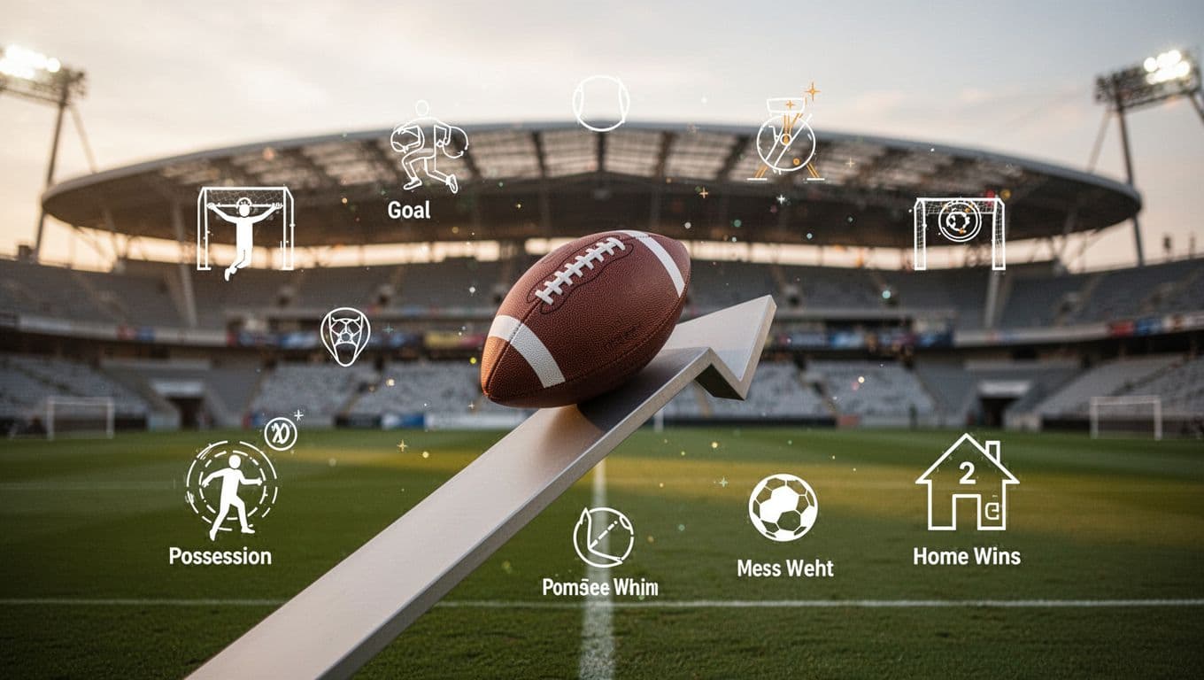 Infographic with upward trend arrow, stats icons for goals, possession, home wins, one football on blurred Allianz Riviera dusk background.