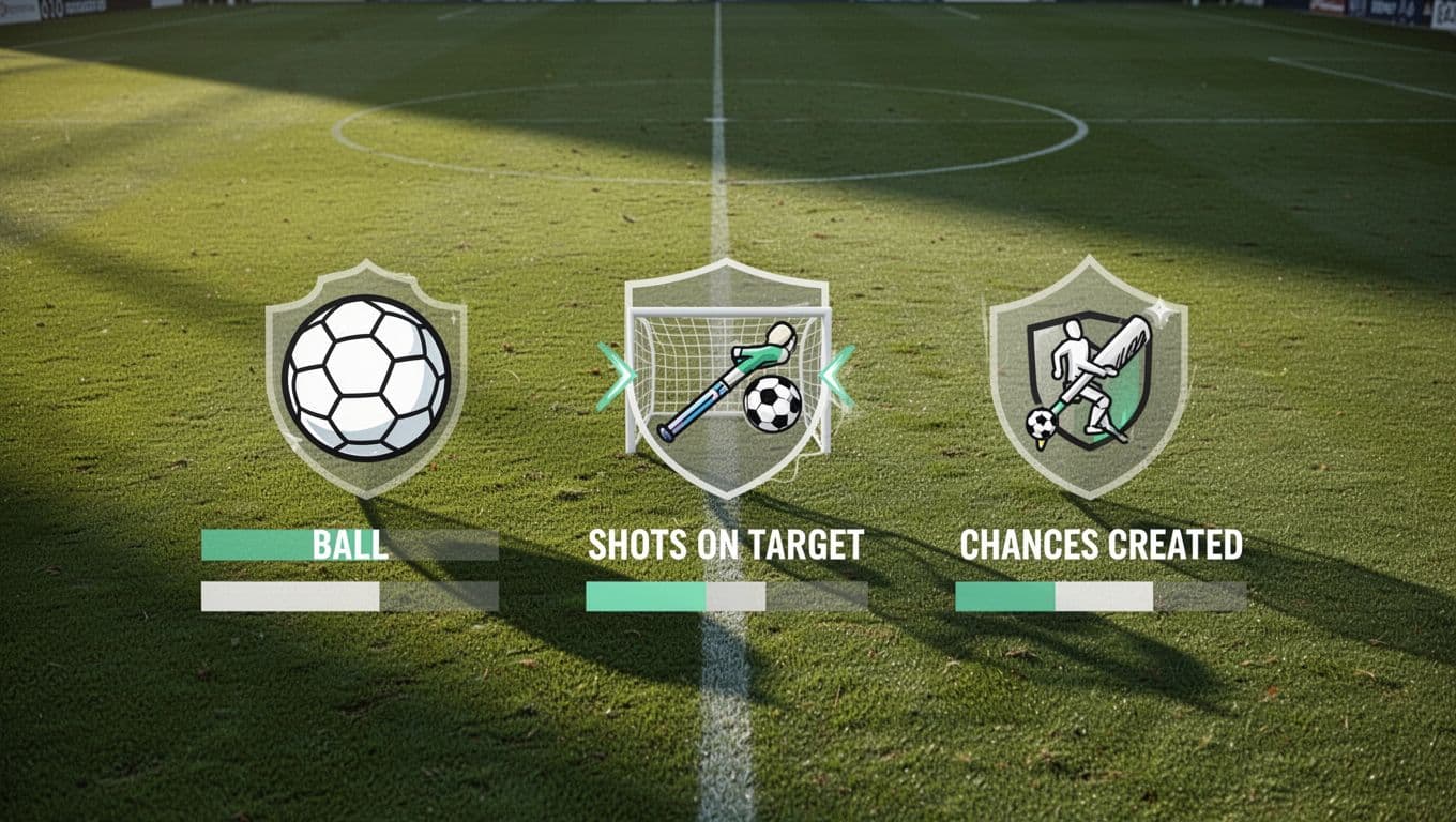Three icons and bars on football field background visualize OGC Nice possession, shots on target, and chances created.