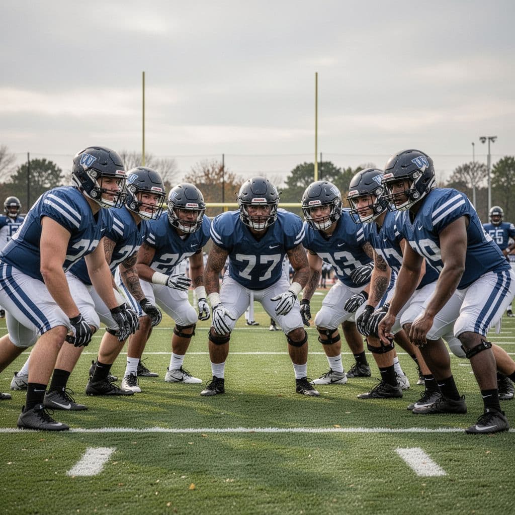 Professional football players in defensive formation practicing drills on a green field.