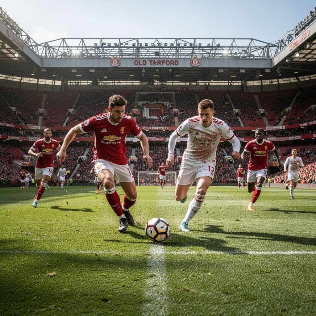 Two teams in red and white kits chase a football on the green pitch at Old Trafford.