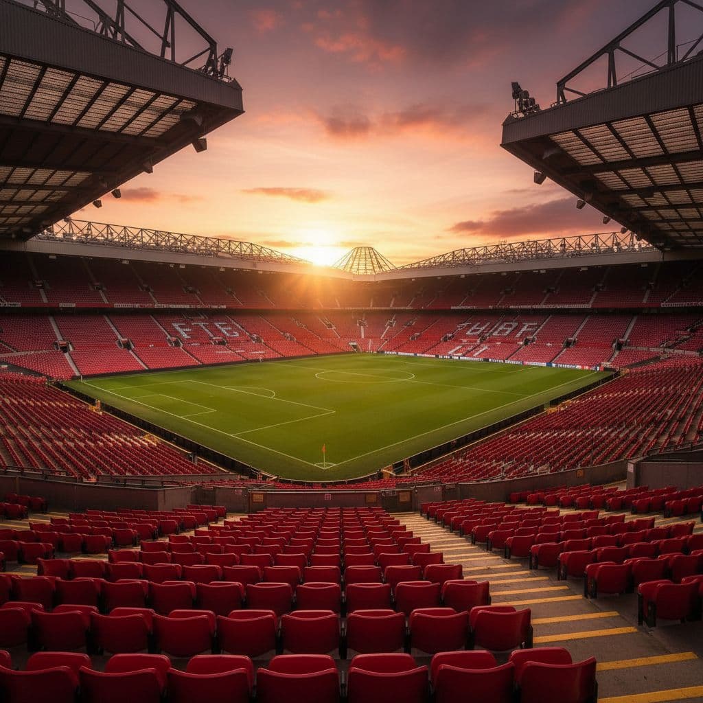 The iconic Old Trafford stadium sits empty under a soft sunset glow.