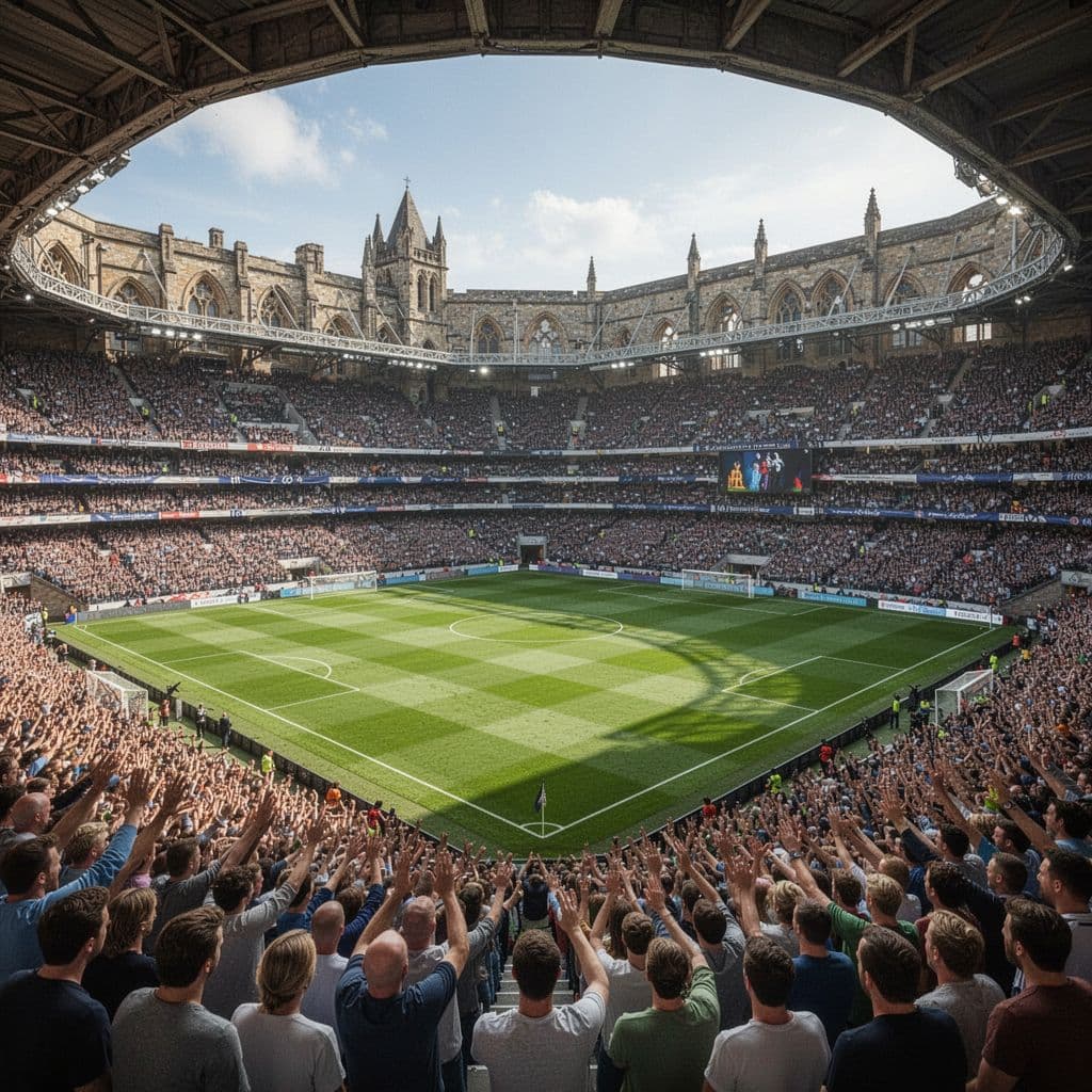 Wide shot of historic football stadium filled with fans, green pitch centered under bright daylight.