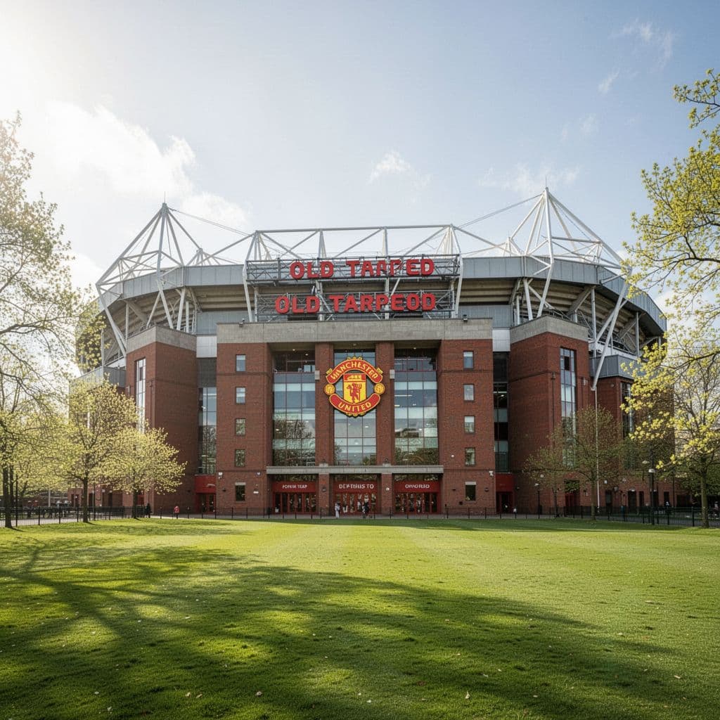 Wide-angle view of Old Trafford stadium exterior on bright spring day with grassy foreground.