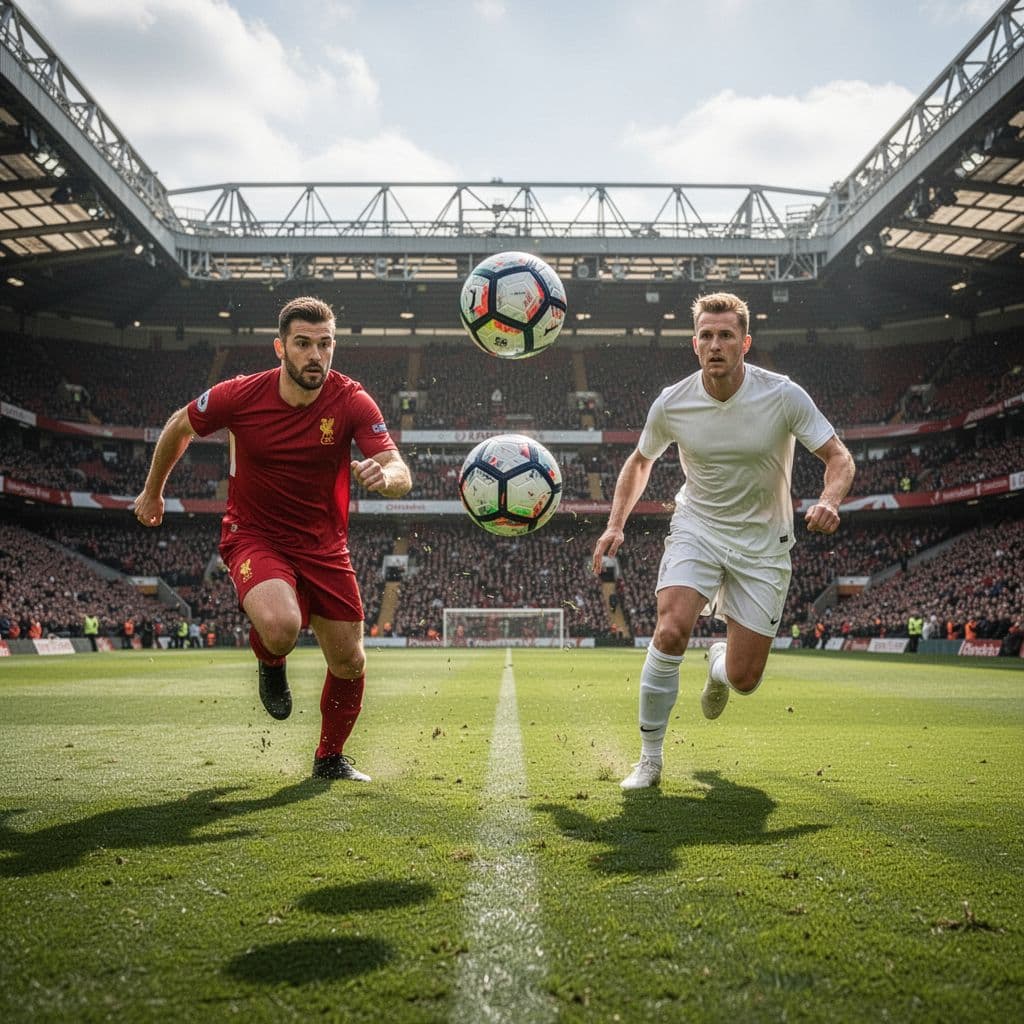 Manchester United player in red kit and Nottingham Forest player in white chase the ball in Old Trafford's center pitch.